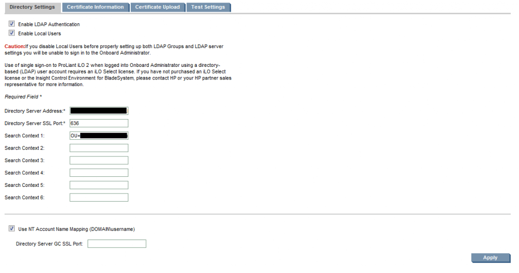 HP Onboard Administrator LDAP Authentication